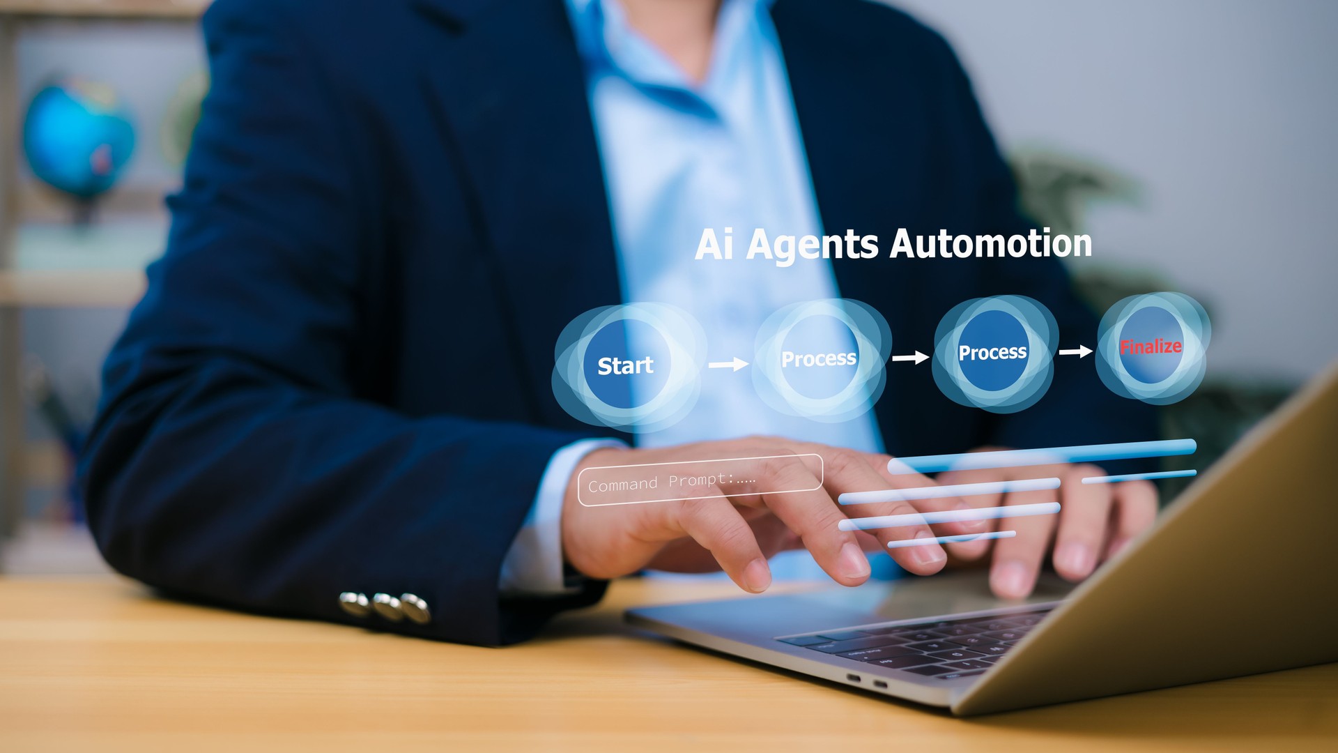 Ai Agents Automation, showing start, process, process, and finalize steps, illustrating AI-powered workflow automation. Businessman using a laptop with a digital workflow chart overlay.